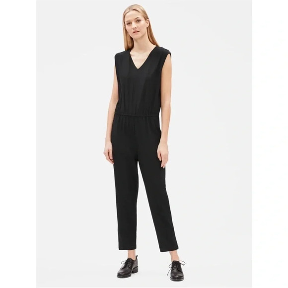 Eileen Fisher Lightweight Washable Stretch Crepe V-Neck Jumpsuit Black Size L - Picture 1 of 7